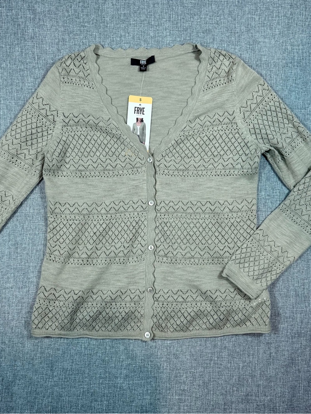 FRYE Sage Cream Pointelle V-Neck Button Cardigan